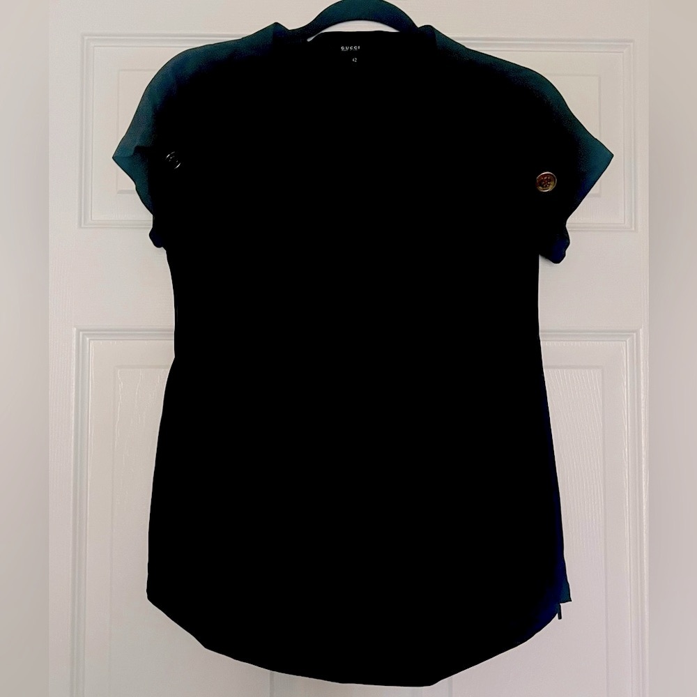 Gucci Black v-neck short sleeve silk blouse bows anchor GG buttons sailor sz 42